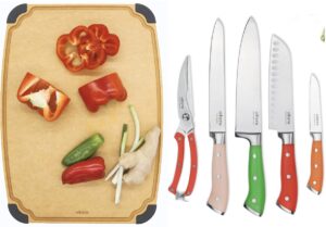 essential large dishwasher safe non slip juice groove cutting board set and 5-piece premium stainless steel kitchen knife set