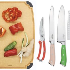 Essential Large Dishwasher Safe Non Slip Juice groove Cutting Board Set and 5-piece Premium Stainless Steel Kitchen Knife Set