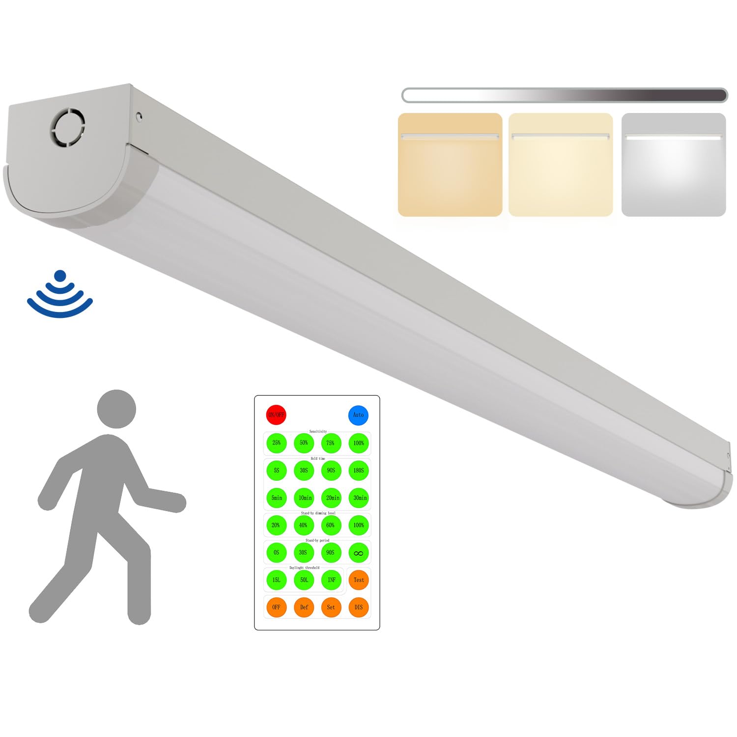 2FT Tri-Level Motion Sensor LED Linear Strip Stairwell Light with Remote 2 Watt CCT Selectable 10W/20W 1250lm/2500lm 3000K/4000K/5000K, IP20, Dimmable 2 Foot Commercial Shop Ceiling Light Fixture, FCC