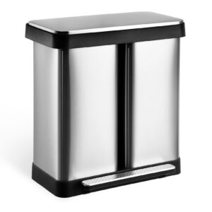 trash can, 2 x 9.5-gallon garbage can for kitchen, recycling kitchen step trash can with soft-close lid, 2 compartments, without inner bucket and hinged lids, silver