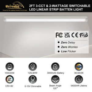 2FT LED Linear Strip Emergency Stairwell Light, 2 Watt/3 CCT Selectable, 10W/20W, 1250lm/2500lm, Battery Backup, 30K/40K/50K, IP20, 0-10V Dimmable 2 Foot Commercial LED Shop Ceiling Light Fixture, FCC