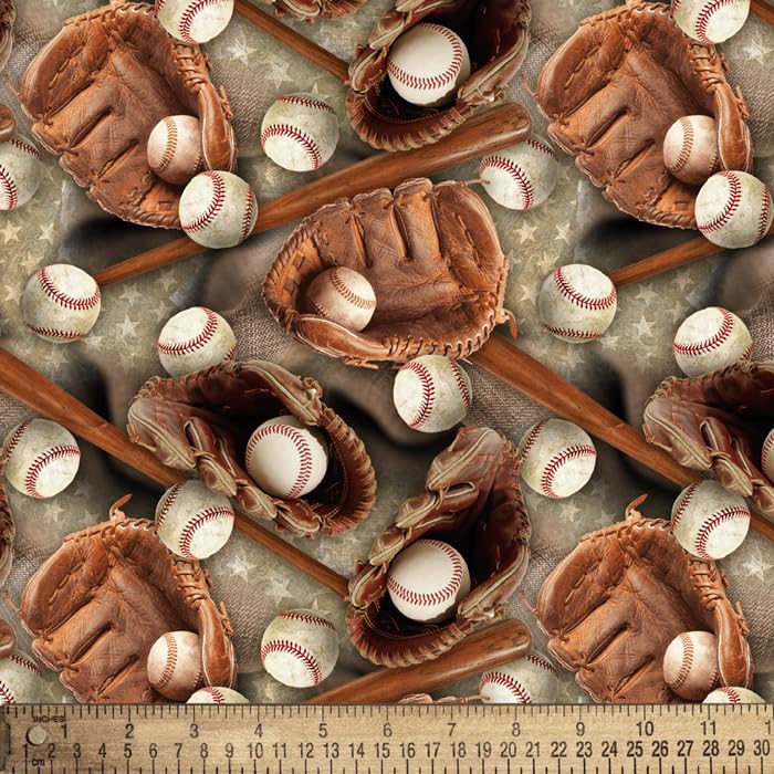 Sports Baseballs Bats & Gloves Digital Cotton Fabric by The Yard