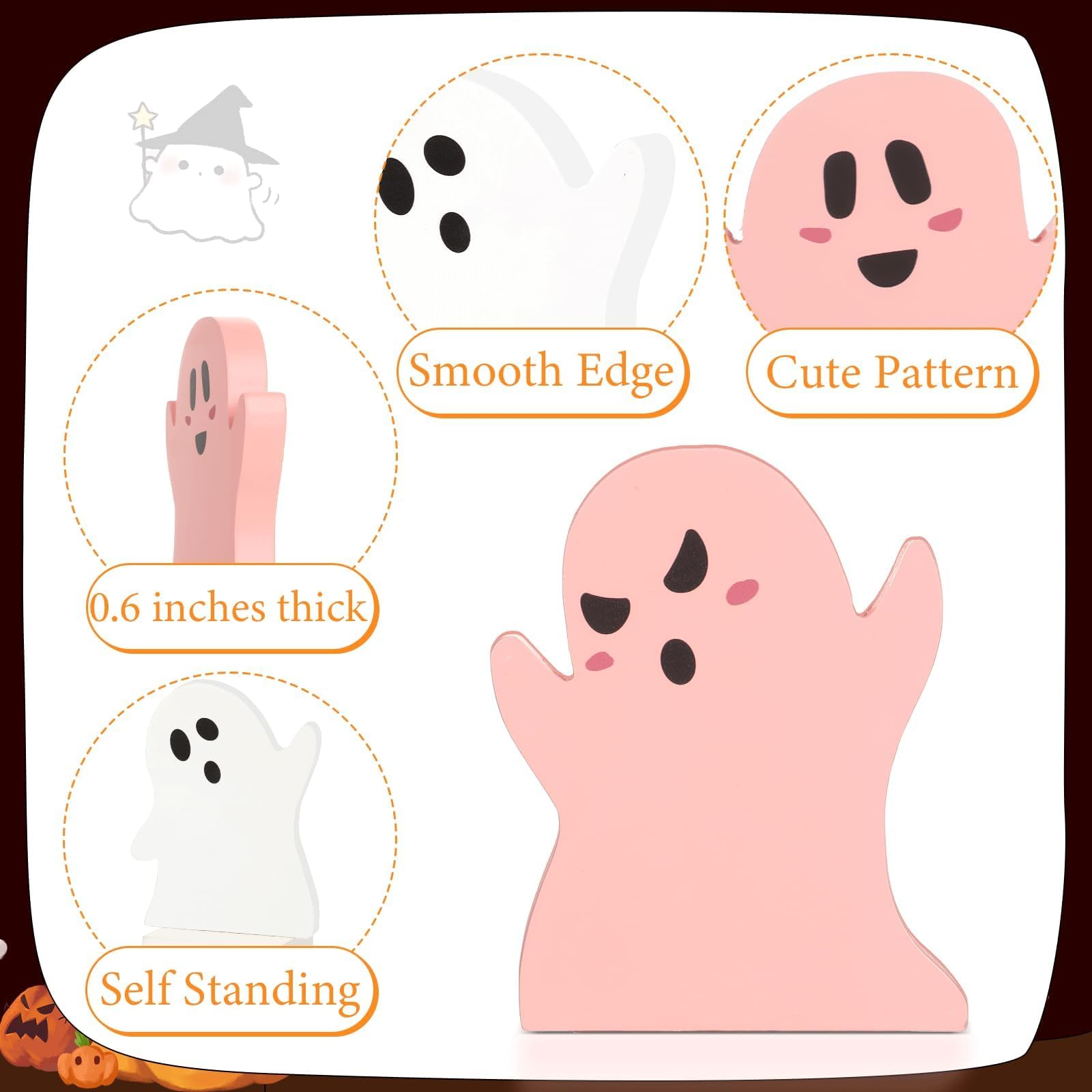 4Pcs Pink Halloween Table Decorations Wooden Cute Ghost Table Centerpiece Decor Pink White Spooky Tiered Tray Pastel Ghosts Wood Plank Signs Tabletop Halloween Party Shelf Display Office Home Kid Gift