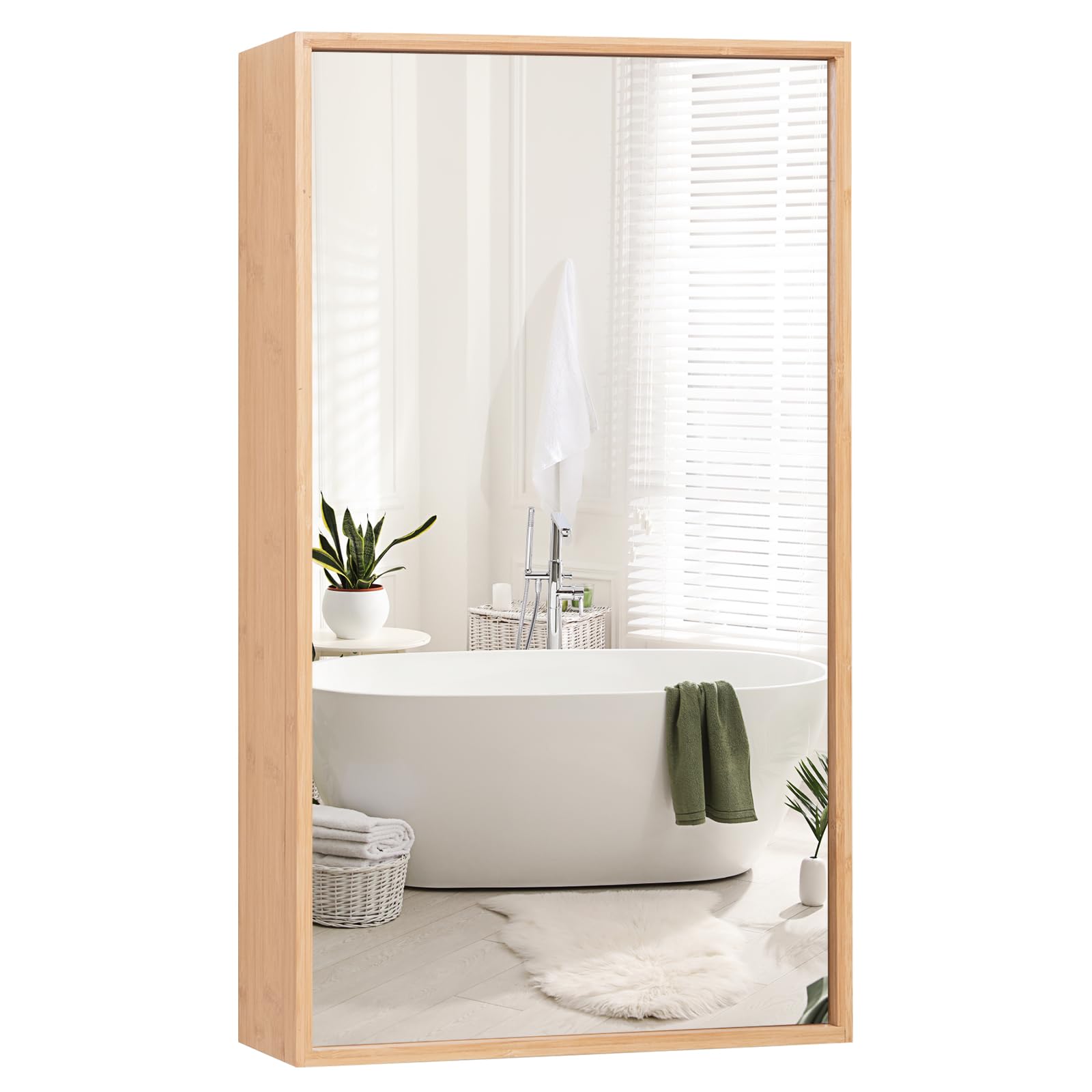 Giantex Medicine Cabinet Mirror, Bathroom Wall Cabinet with Reversible Single Door, 2 Adjustable Shelves, Bathroom Vanity Mirror, Bamboo Storage Cabinet for Bathroom, Living Room, Entryway, Natural