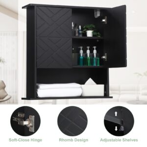 GarveeHome Medicine Cabinet with Two Door, Wood Wall Mounted Storage Cabinet with Adjustable Shelf and Towel Bar, 3-Tier Cupboard for Bathroom, Kitchen, Living Room