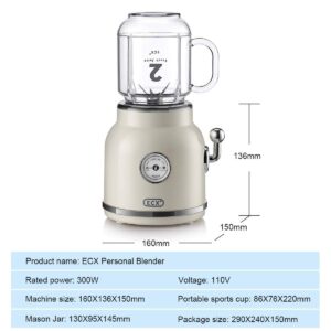 Retro Design Portable Juicer Blender, 6 Powerful Blades, for Shakes and Smoothies,Includes 21oz Portable Cup & 17oz Mason Cup - Ideal for Home, Office, and Travel (White)