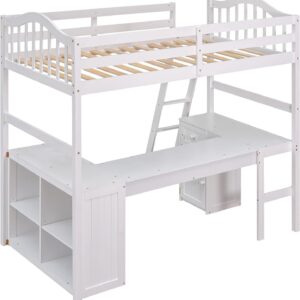 Harper & Bright Designs Twin Size Loft Bed with Desk, Wood Loft Bed Twin with Drawers, Cabinet, Shelves, Kids Loft Twin Bed with Desk and Storage for Girls Boys Teens,No Box Spring Needed,White