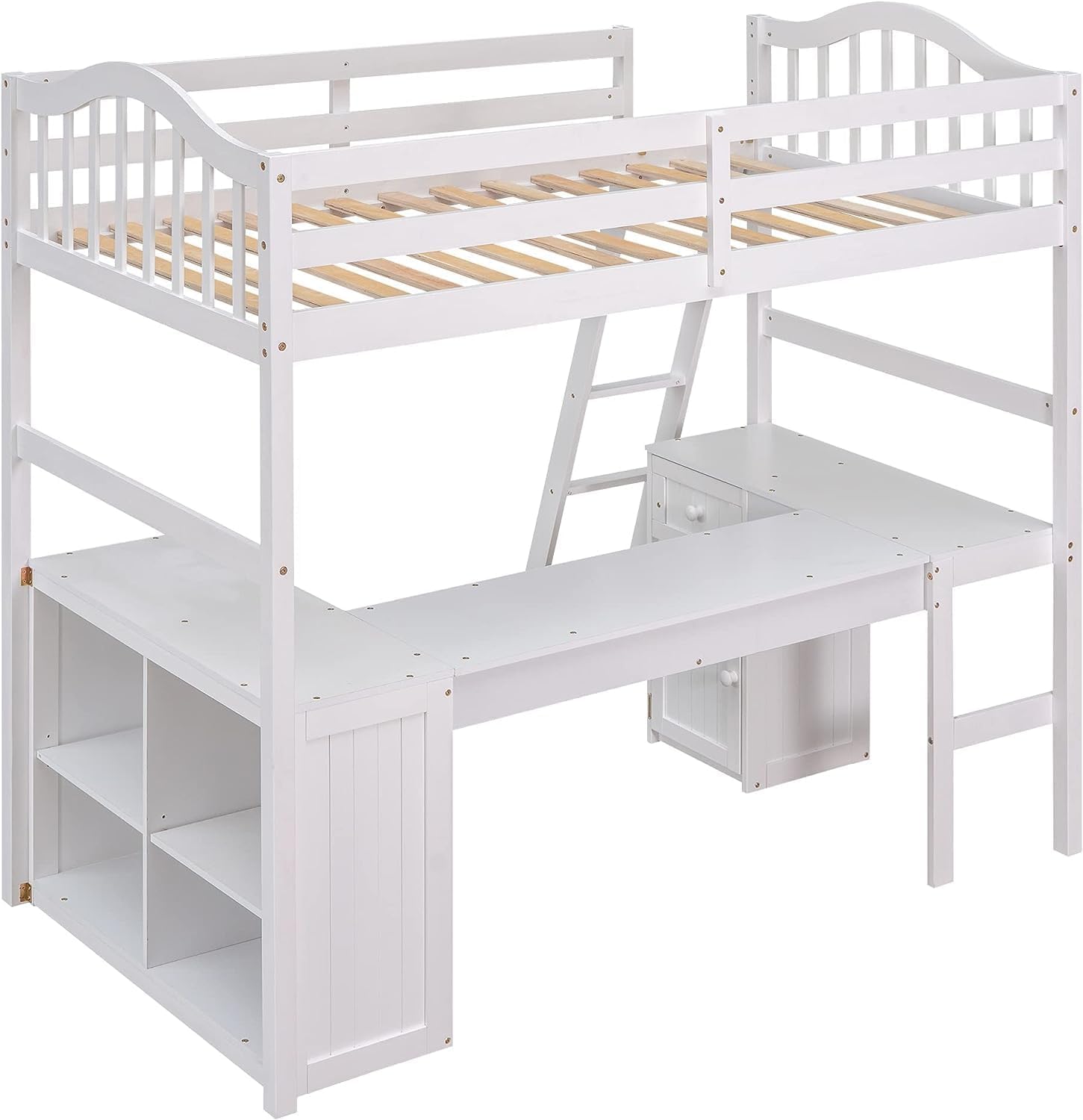 Harper & Bright Designs Twin Size Loft Bed with Desk, Wood Loft Bed Twin with Drawers, Cabinet, Shelves, Kids Loft Twin Bed with Desk and Storage for Girls Boys Teens,No Box Spring Needed,White