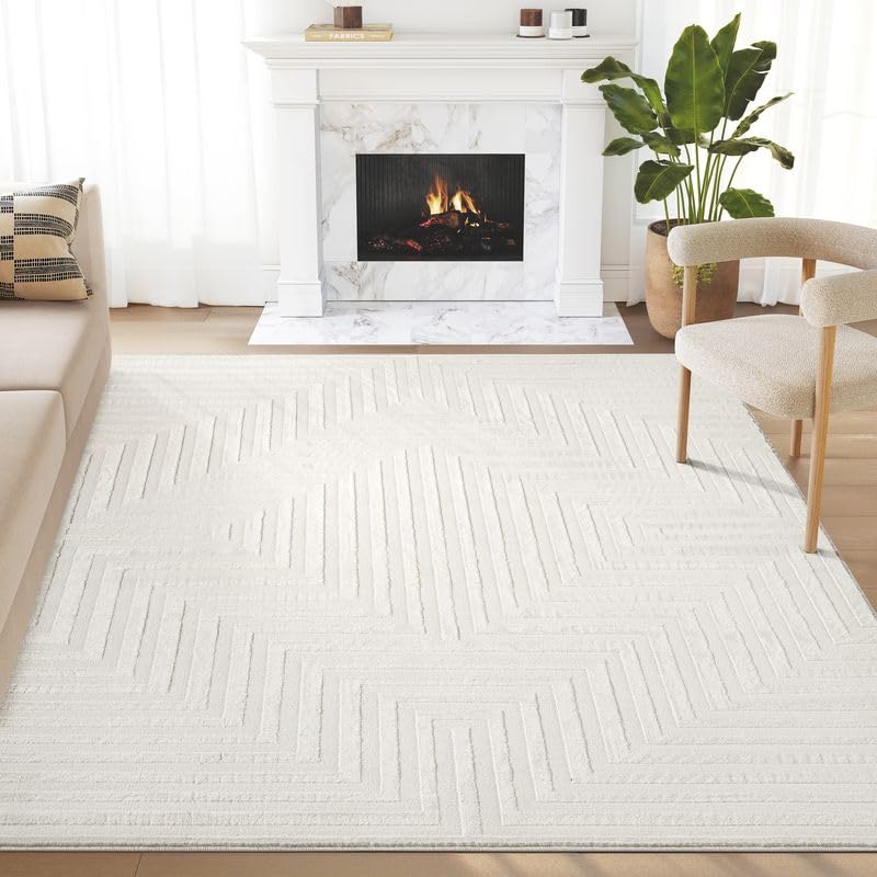 Abani Neutral Cream Area Rug 5' x 8' for Living Room, Bedroom - Tone-on-Tone Geometric Design - Durable & Easy to Clean