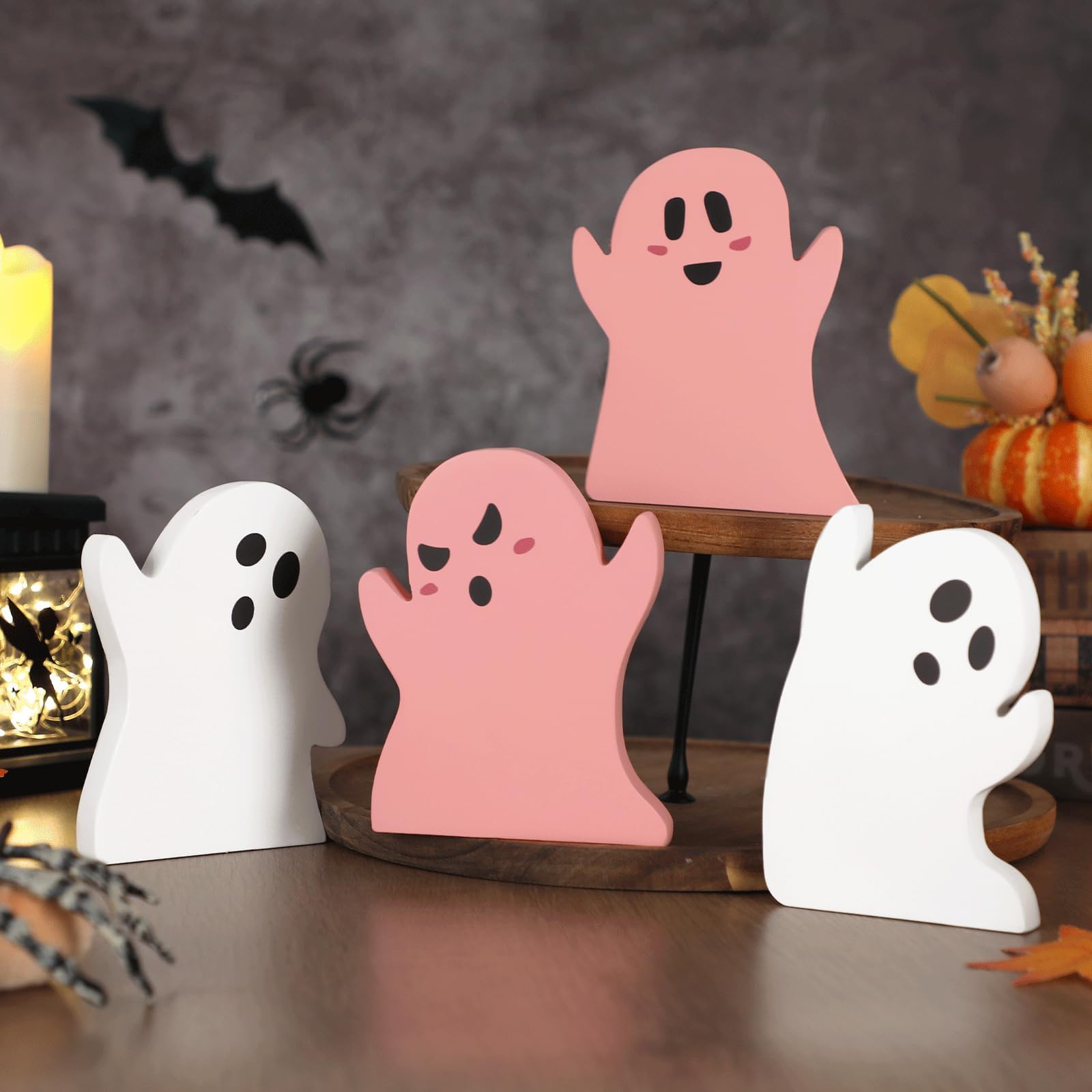 4Pcs Pink Halloween Table Decorations Wooden Cute Ghost Table Centerpiece Decor Pink White Spooky Tiered Tray Pastel Ghosts Wood Plank Signs Tabletop Halloween Party Shelf Display Office Home Kid Gift