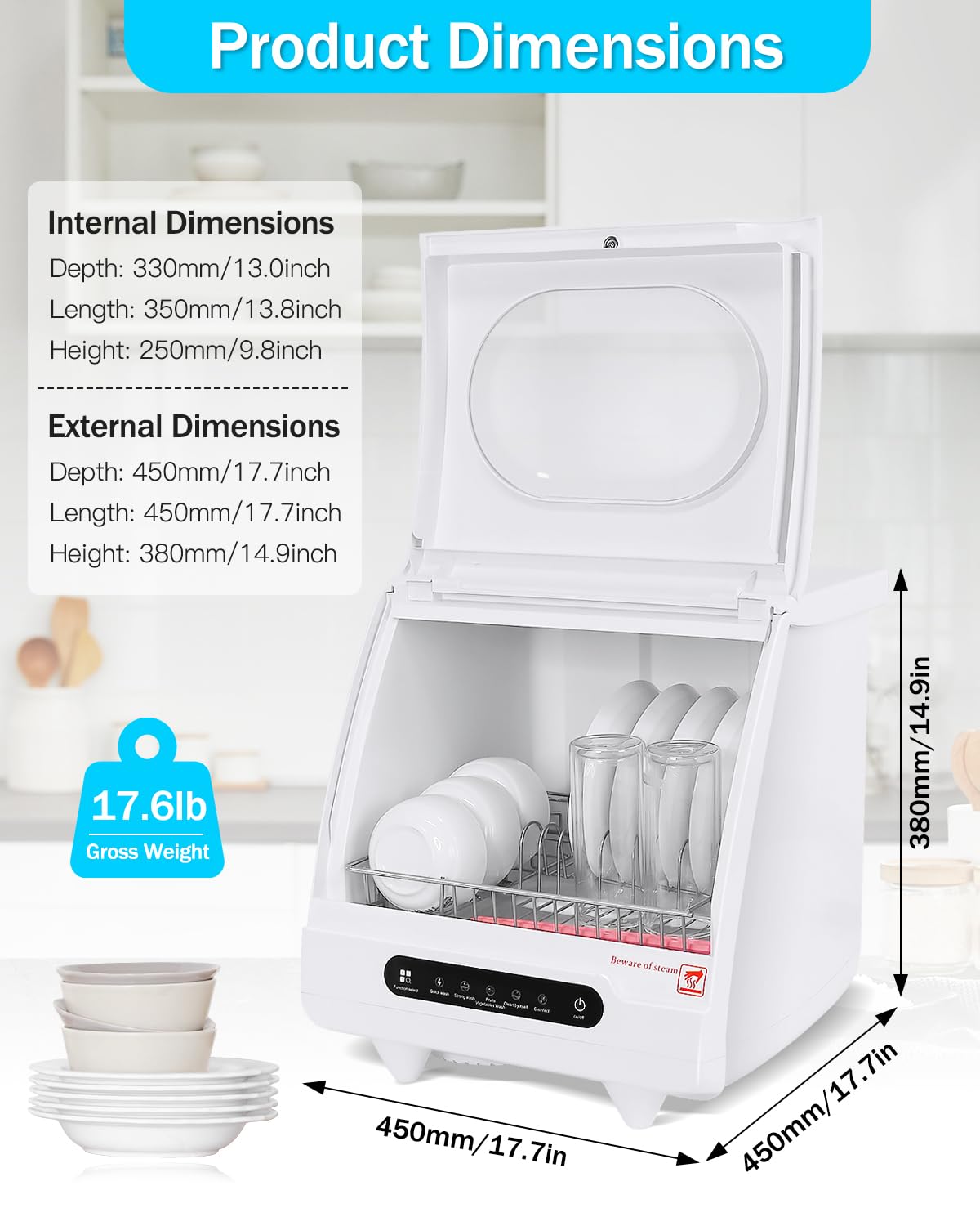 Bonxrdun Countertop Dishwasher, Portable Dish Washer, 5 Washing Modes, 360° Cleaning, Energy Efficient, Low Noise, Perfect for Small Families, Compact Size for RVs & Kitchens