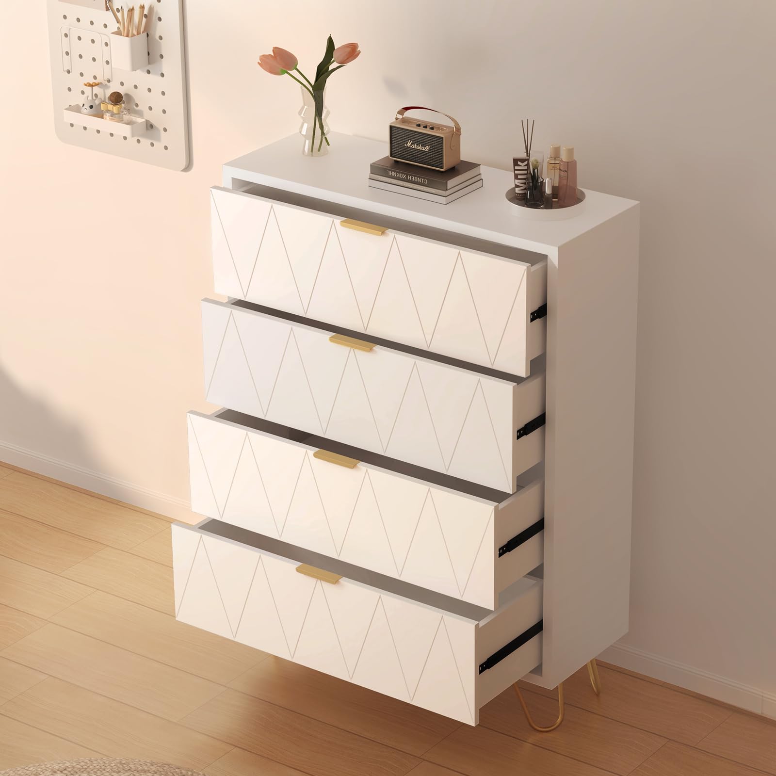 ADOFFUR White Dresser for Bedroom, Wood Tall 4 Drawers Dresser with Metal Handles and Legs, Modern Dressers & Chest of Drawers with with Anti-Tipping for Bedroom, Living Room, Hallway, Entryway