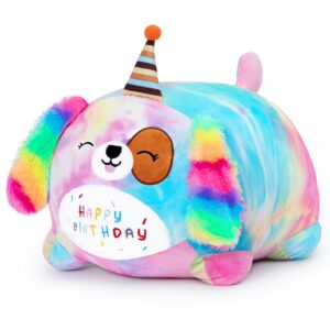 miaohaha happy birthday plush pillow toy,soft plush dog toy plushies gift for kids and girls(dog,25cm/9.8in)