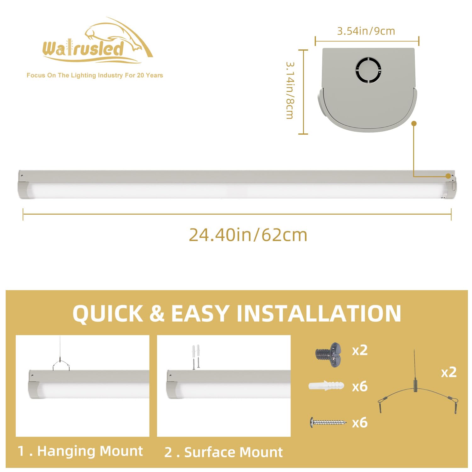 2FT LED Linear Strip Emergency Stairwell Light, 2 Watt/3 CCT Selectable, 10W/20W, 1250lm/2500lm, Battery Backup, 30K/40K/50K, IP20, 0-10V Dimmable 2 Foot Commercial LED Shop Ceiling Light Fixture, FCC