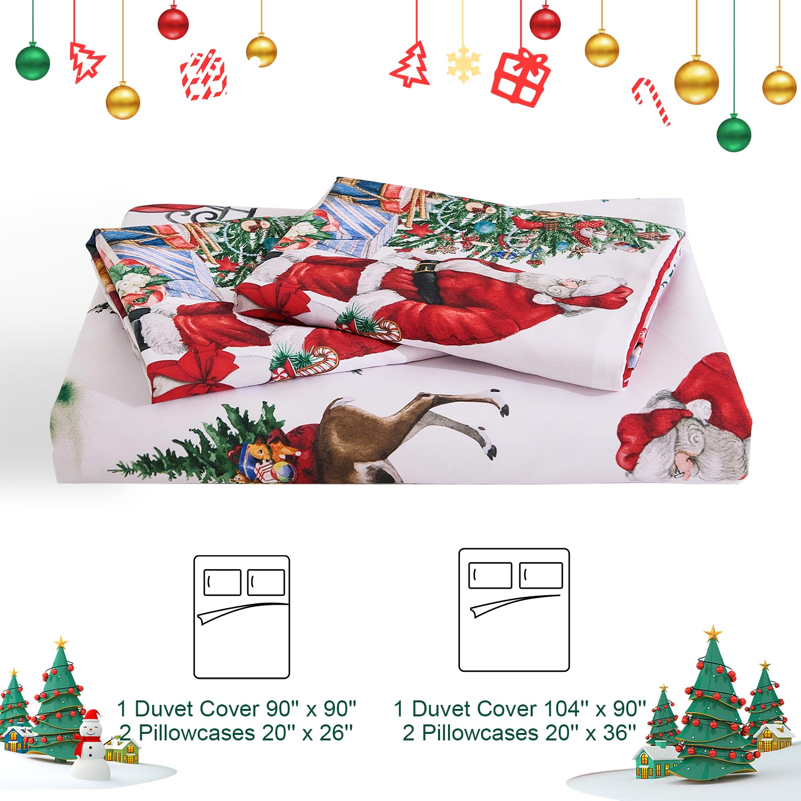 Christmas Duvet Cover Set Queen Size Santa Claus Snowman Christmas Tree Bedding Set, Microfiber Red Xmas Comforter Duvet Cover with Pillowcases Festive Winter Holiday Decor(Zipper Closure,90''x90'')