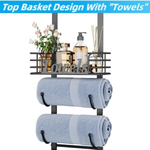 Over The Door Towel Racks for Bathroom,6 Tier Towel Rack Wall Mounted with Metal Shelf and Hooks,Rolled Towel Storage for Bathroom Door Holder Organizer Hanging,Black