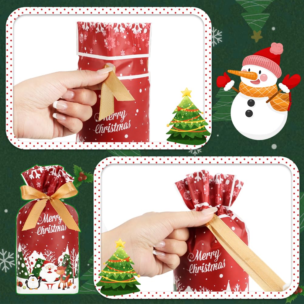 JOINDO 50 pcs Christmas Treat Bags, 6x9 Drawstring Holiday Goodie Bags for Party Favor, Stand up Xmas Candy bags (Joyful Moments Series)