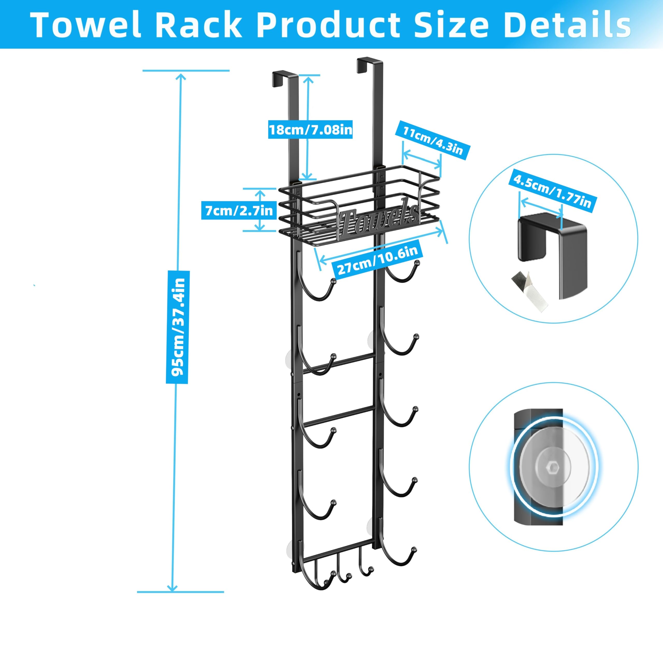 Over The Door Towel Racks for Bathroom,6 Tier Towel Rack Wall Mounted with Metal Shelf and Hooks,Rolled Towel Storage for Bathroom Door Holder Organizer Hanging,Black