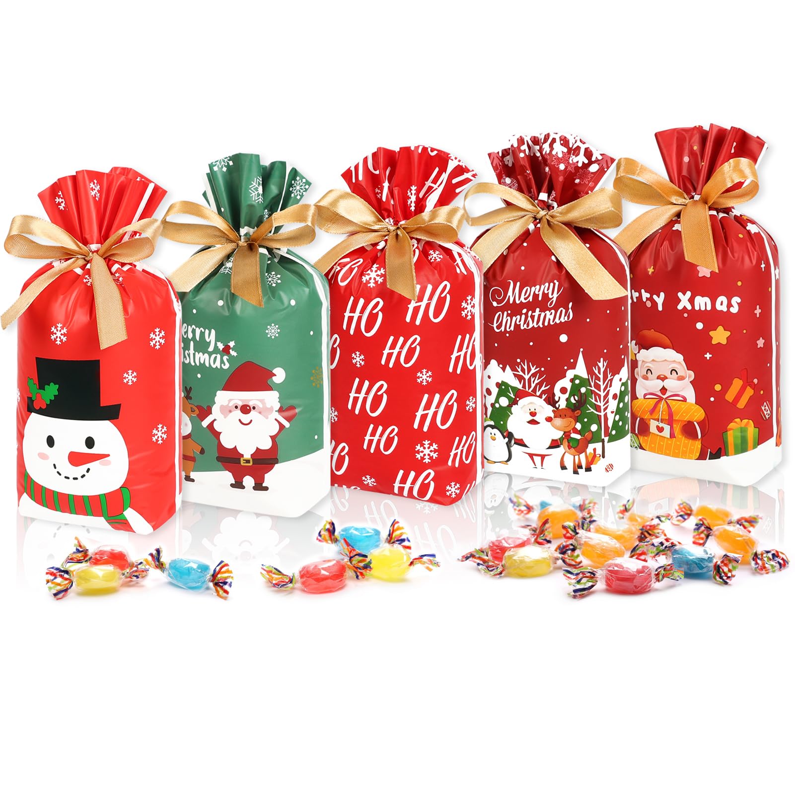 JOINDO 50 pcs Christmas Treat Bags, 6x9 Drawstring Holiday Goodie Bags for Party Favor, Stand up Xmas Candy bags (Joyful Moments Series)