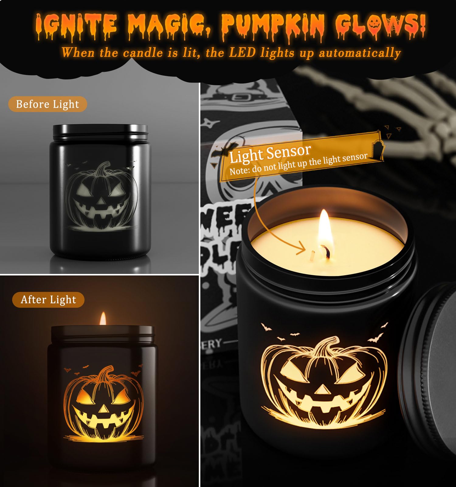 Halloween Candle with LED Pumpkin Face, Halloween Decor Fall Candle with Pumpkin Spice Scent, Pumpkin Candle Over 40 Hours of Burn Time, Gift for Halloween Decorations Indoor, 100% Soy Wax