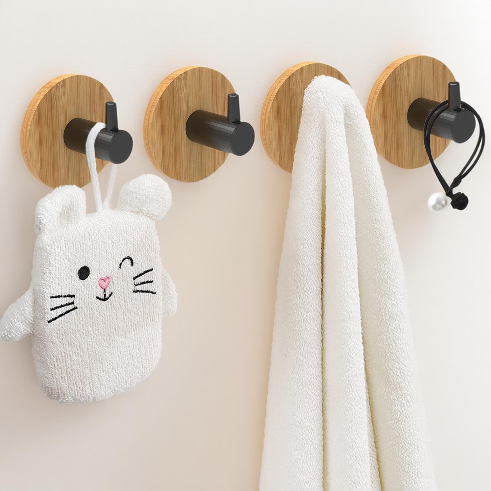 marrhorvk Adhesive Wall Hooks, Bamboo Wood Coat Hooks for Hanging Towel Hangers for Bathroom Key Hat Hooks 4-Pack (Wood Black Hooks)