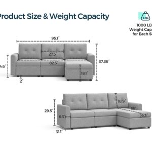 LINSY HOME Rubik III 3 Seats Sofa Set, Deep Seat Modular Sectional Sofa, Modern Sofa Couch with Storage Seats & Removable Cover, 3 Seater with 1 Ottoman Convertible Sofa, Light Grey, L Shaped