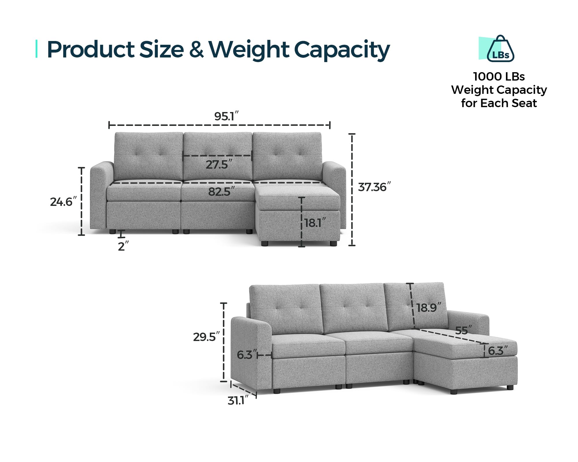 LINSY HOME Rubik III 3 Seats Sofa Set, Deep Seat Modular Sectional Sofa, Modern Sofa Couch with Storage Seats & Removable Cover, 3 Seater with 1 Ottoman Convertible Sofa, Light Grey, L Shaped