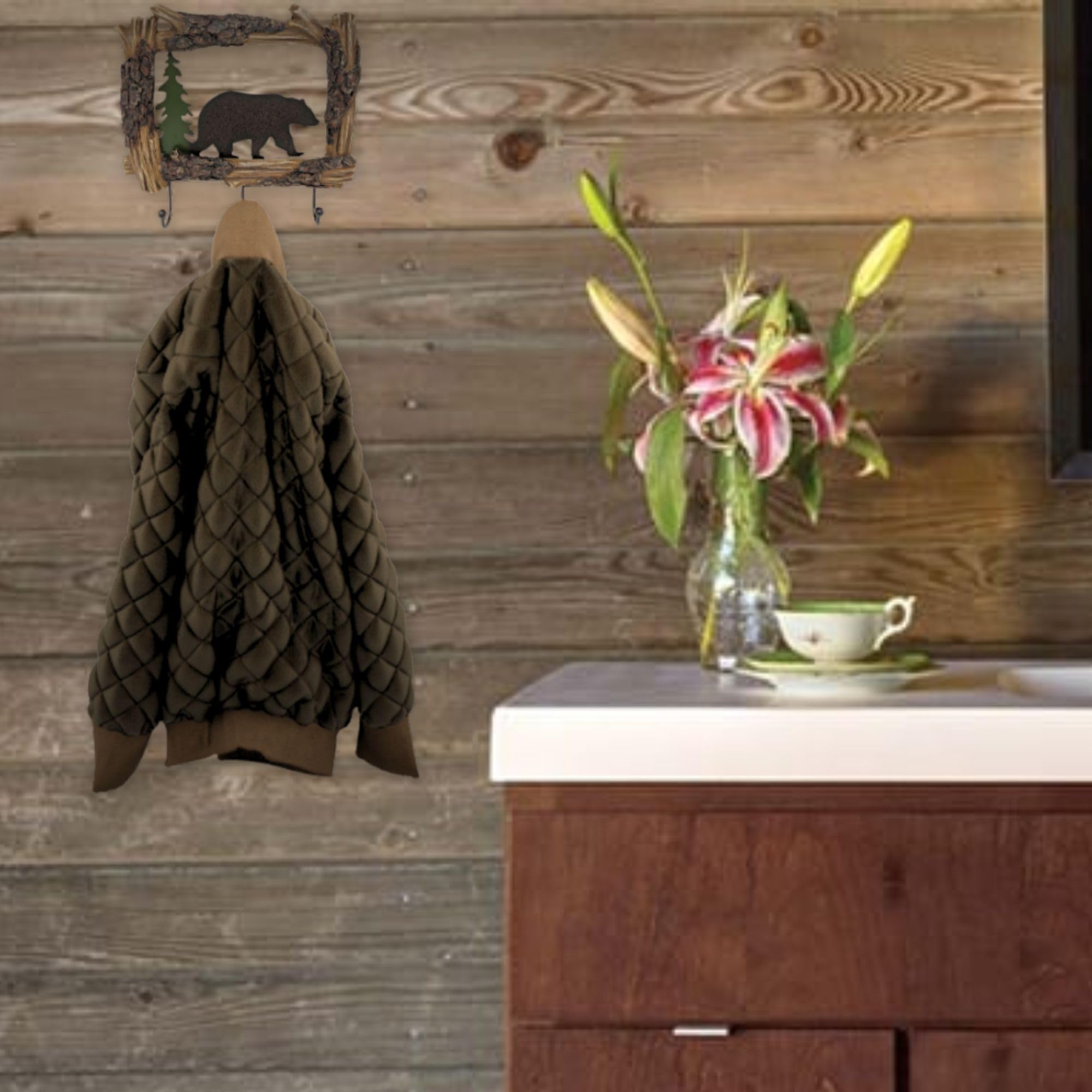 BestGiftEver Rustic Bear & Log Accent Coat Rack | Wall Mounted Hooks for Coats, Keys & Towels | Wildlife Cabin Decor | Decorative and Functional | for Nature Lovers