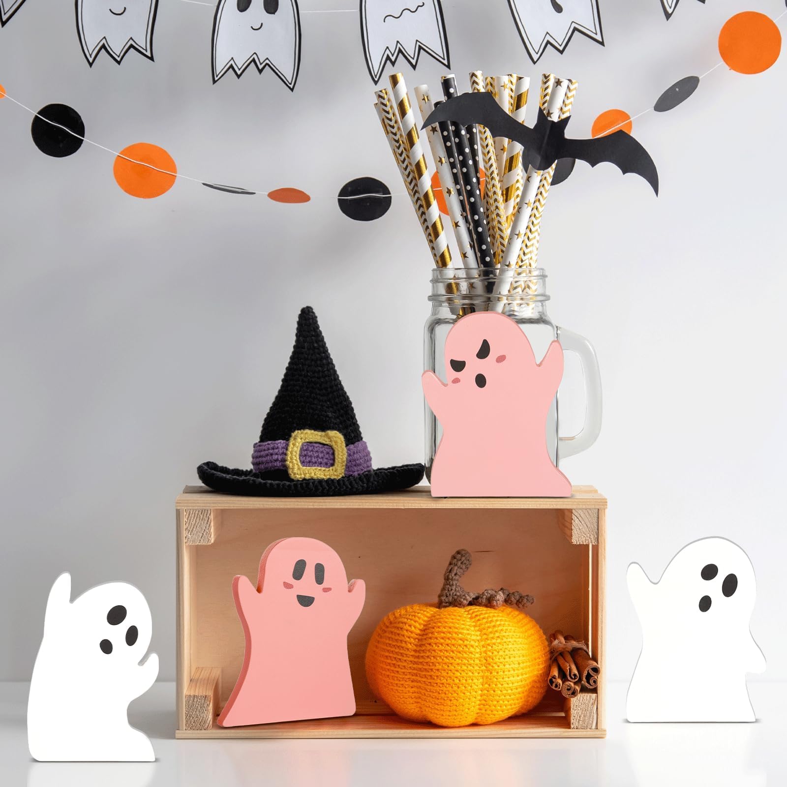 4Pcs Pink Halloween Table Decorations Wooden Cute Ghost Table Centerpiece Decor Pink White Spooky Tiered Tray Pastel Ghosts Wood Plank Signs Tabletop Halloween Party Shelf Display Office Home Kid Gift