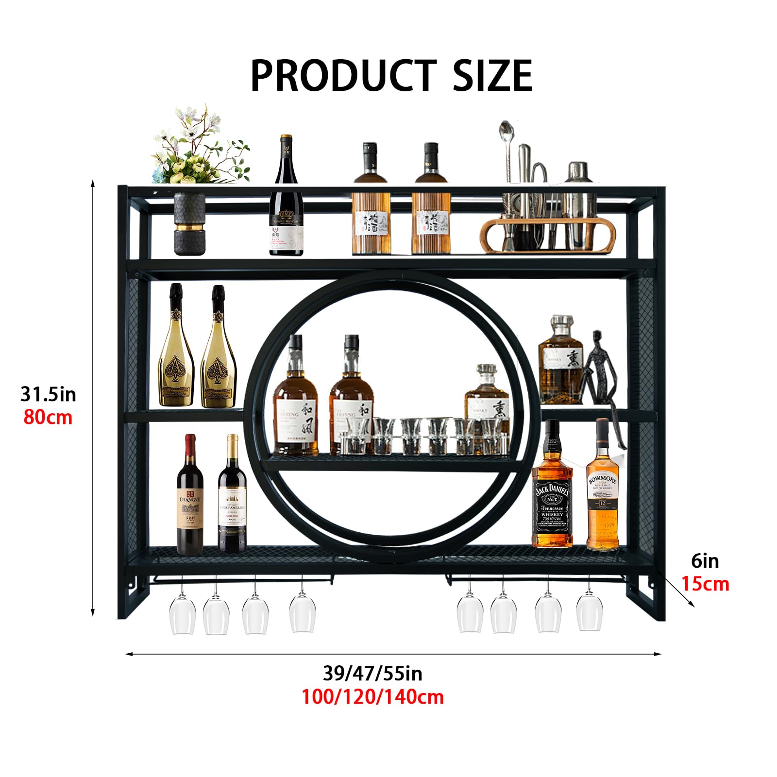 Wall Mounted Wine Rack, Hanging Metal Round Wine Rack Cabinet, Multifunctional Storage Rack, Vintage Style Wine Bottle Shelf, with Wine Glass Holder, for Home Restaurant Bars (120cm/47.2in)