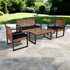 finca ancha patio furniture set 4 pieces, outdoor furniture with acacia wood table top coffee table, outdoor wicker patio furniture for yard, pool, backyard sillas para patio