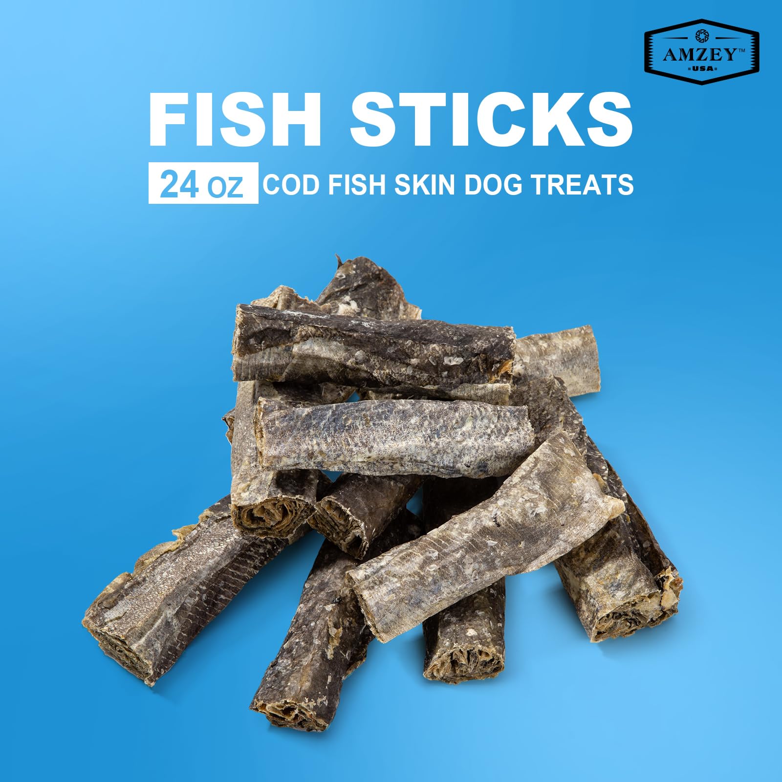 Amzey Cod Skin Dog Treats 24 OZ, High Protein Cod Fish Skin Rolls Rich in Omega-3, 100% Natural Dried Cod Fish Dog Chews for Teeth Cleaning, Pack of 4 Resealable Bags