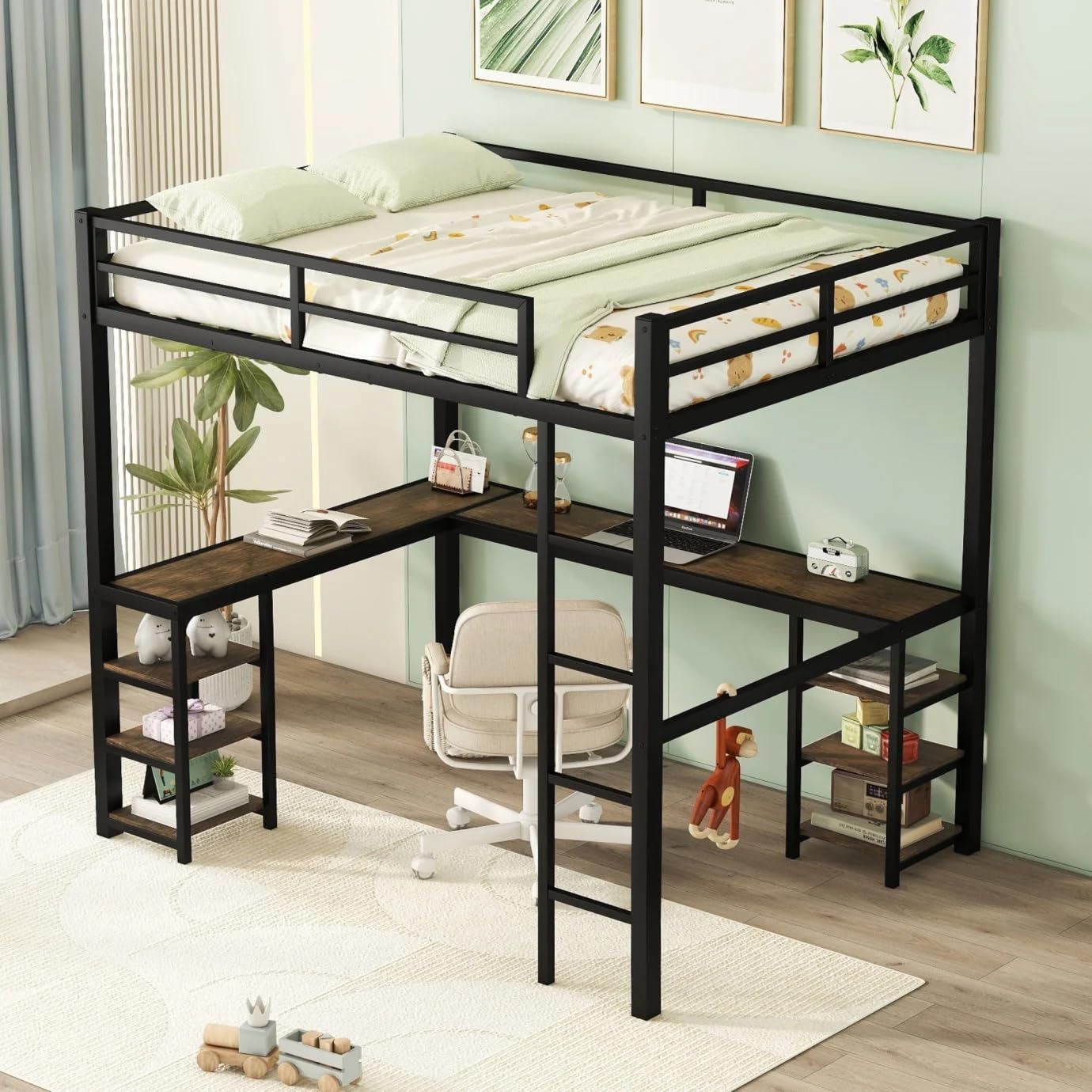 Full Loft Bed with L-shaped Wooden Desk and Storage Shelves, Full Size Loft Bed Frame with Safety Guardrail and Built-in Ladder for Boys Girls Juniors, No Box Spring Needed, Black and Brown