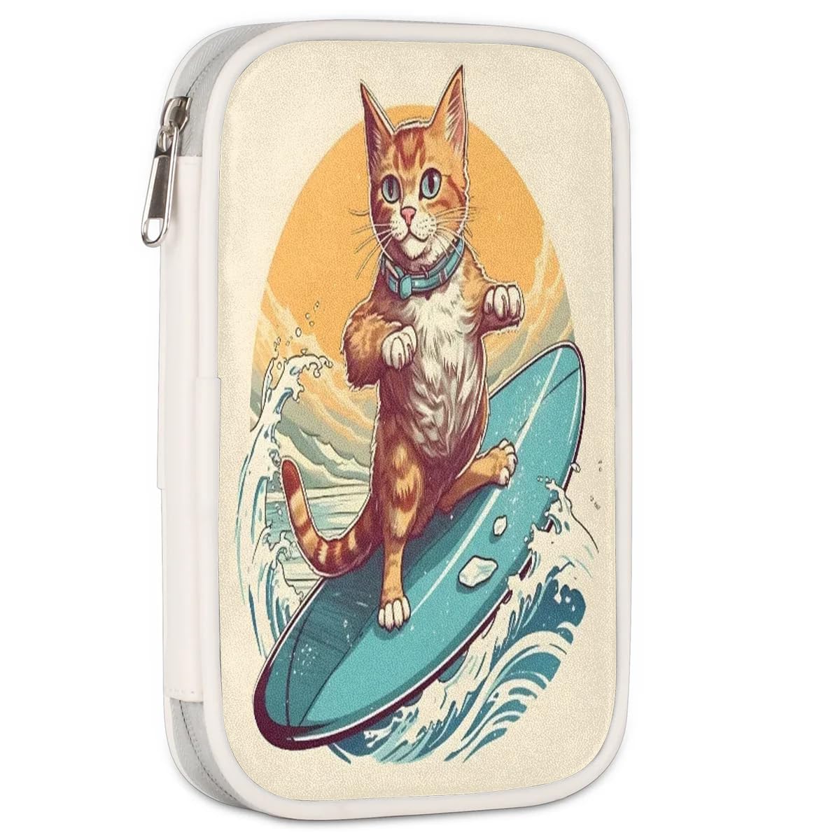 GzLeyigou Surfing Cat Pencil Case Pen Bag Pouch Holder Stationery Organizer Pencil Bag Cat Pencil Pouch Storage Box with Compartments PU Leather Makeup Brush Bag for Women Men College