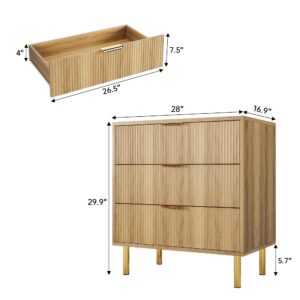 GarveeHome Natural Dresser, Modern 3 Drawer Dresser for Bedroom with Gold Handle and Large Drawer, Wood Double Chest of Drawers and Storage Organizer for Living Room, Hallway, Entryway