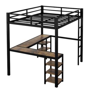 Full Loft Bed with L-shaped Wooden Desk and Storage Shelves, Full Size Loft Bed Frame with Safety Guardrail and Built-in Ladder for Boys Girls Juniors, No Box Spring Needed, Black and Brown