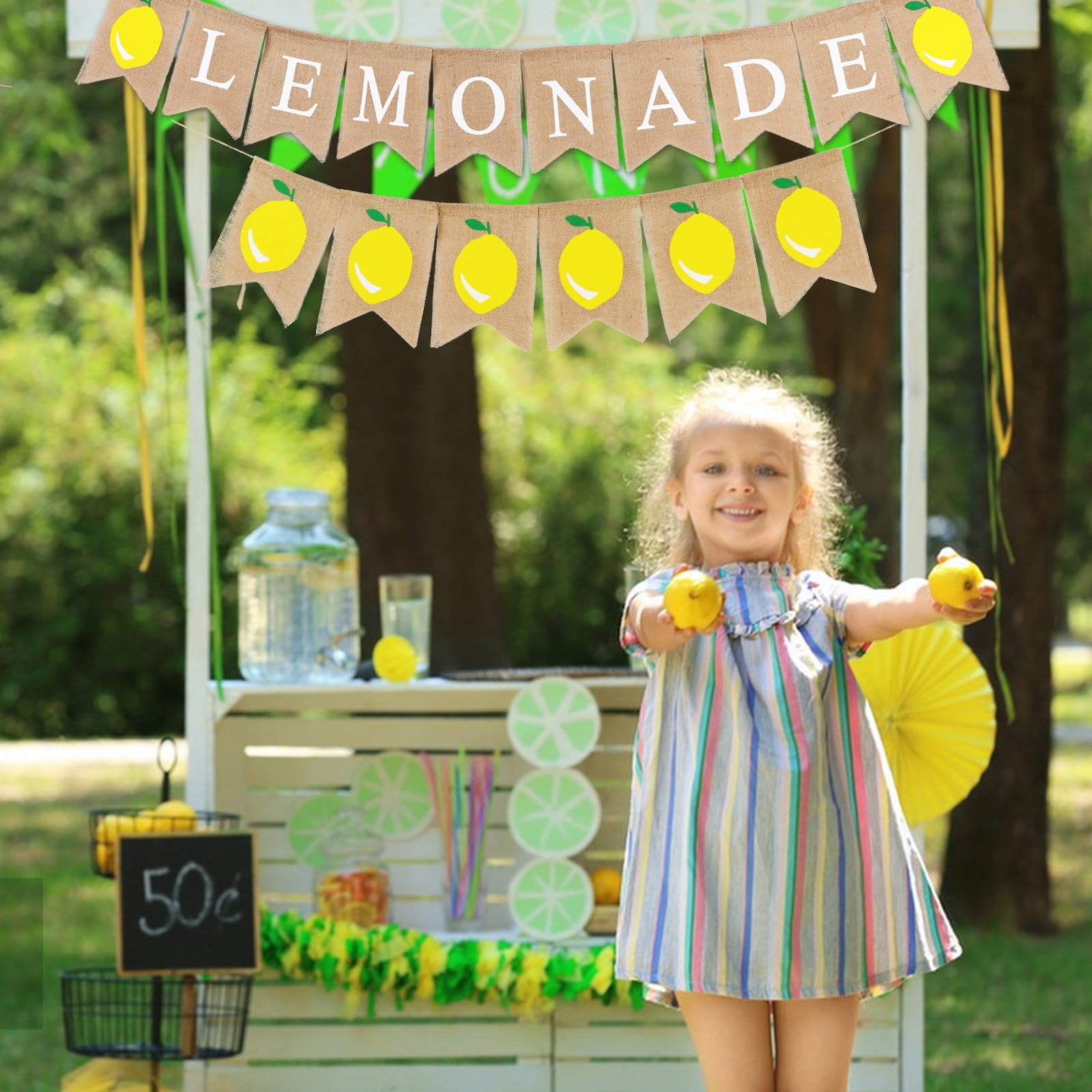 Lemonade Banner, Burlap Lemonade Stand Banner, Lemonade Stand Decorations Lemonade Sign Hanging Bunting Lemon Theme Party Decor Garland Flag for Bridal Shower Birthday Barbecue Party Supplies