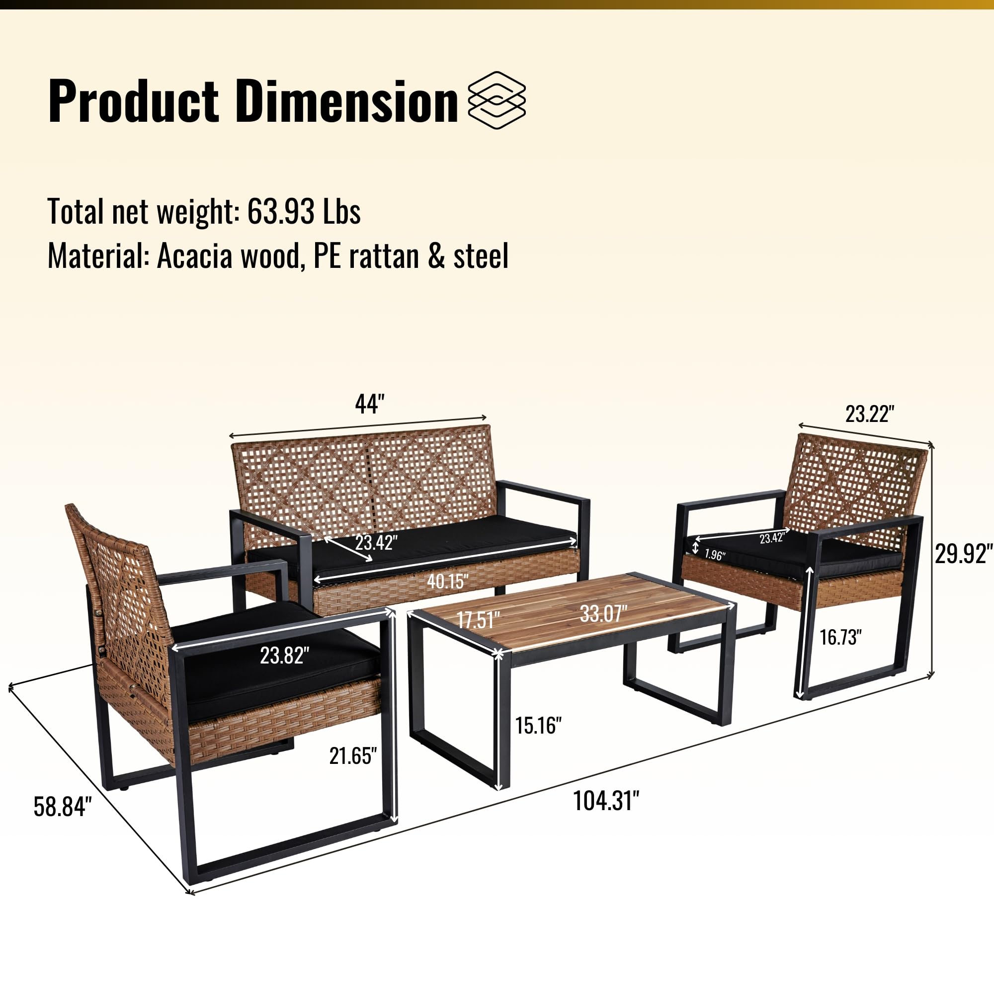 Finca ancha Patio Furniture Set 4 Pieces, Outdoor Furniture with Acacia Wood Table Top Coffee Table, Outdoor Wicker Patio Furniture for Yard, Pool, Backyard Sillas para Patio