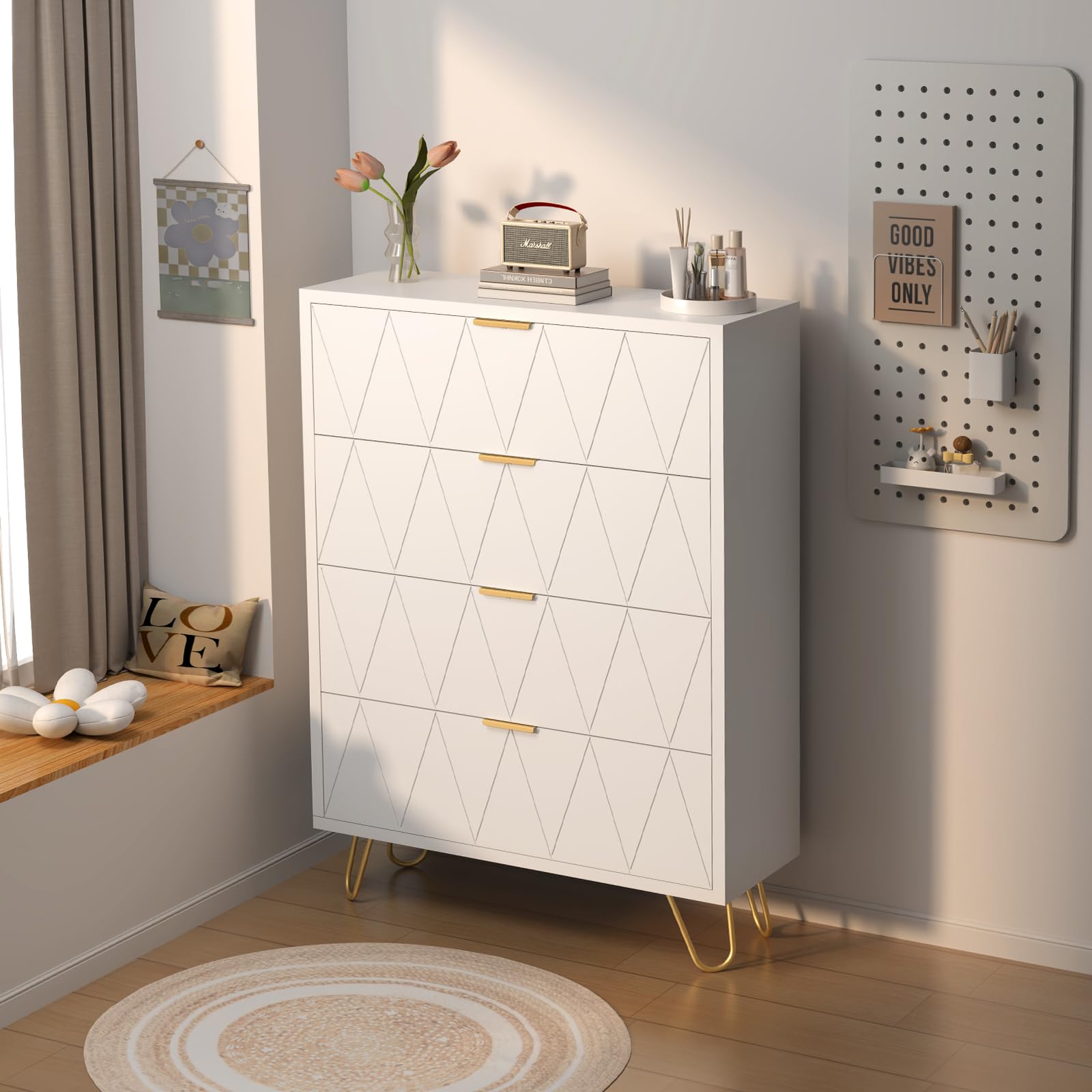 ADOFFUR White Dresser for Bedroom, Wood Tall 4 Drawers Dresser with Metal Handles and Legs, Modern Dressers & Chest of Drawers with with Anti-Tipping for Bedroom, Living Room, Hallway, Entryway