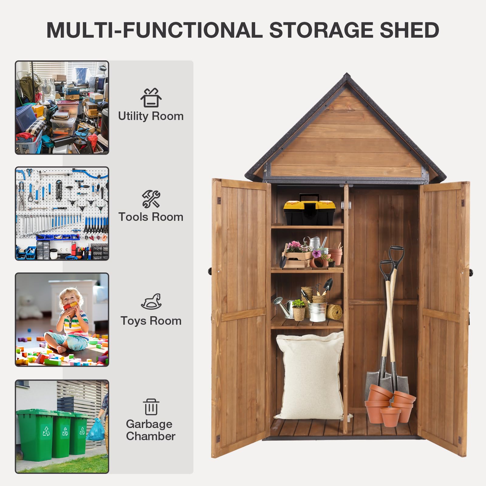 MEDEHOO Indoor Outdoor Storage Cabinet with Waterproof Roof Storage Shed with Adjustable Shelves Large Capacity Wooden Storage Shed with Metal Frame Structure for Backyard Garden Patio Lawn (Brown)