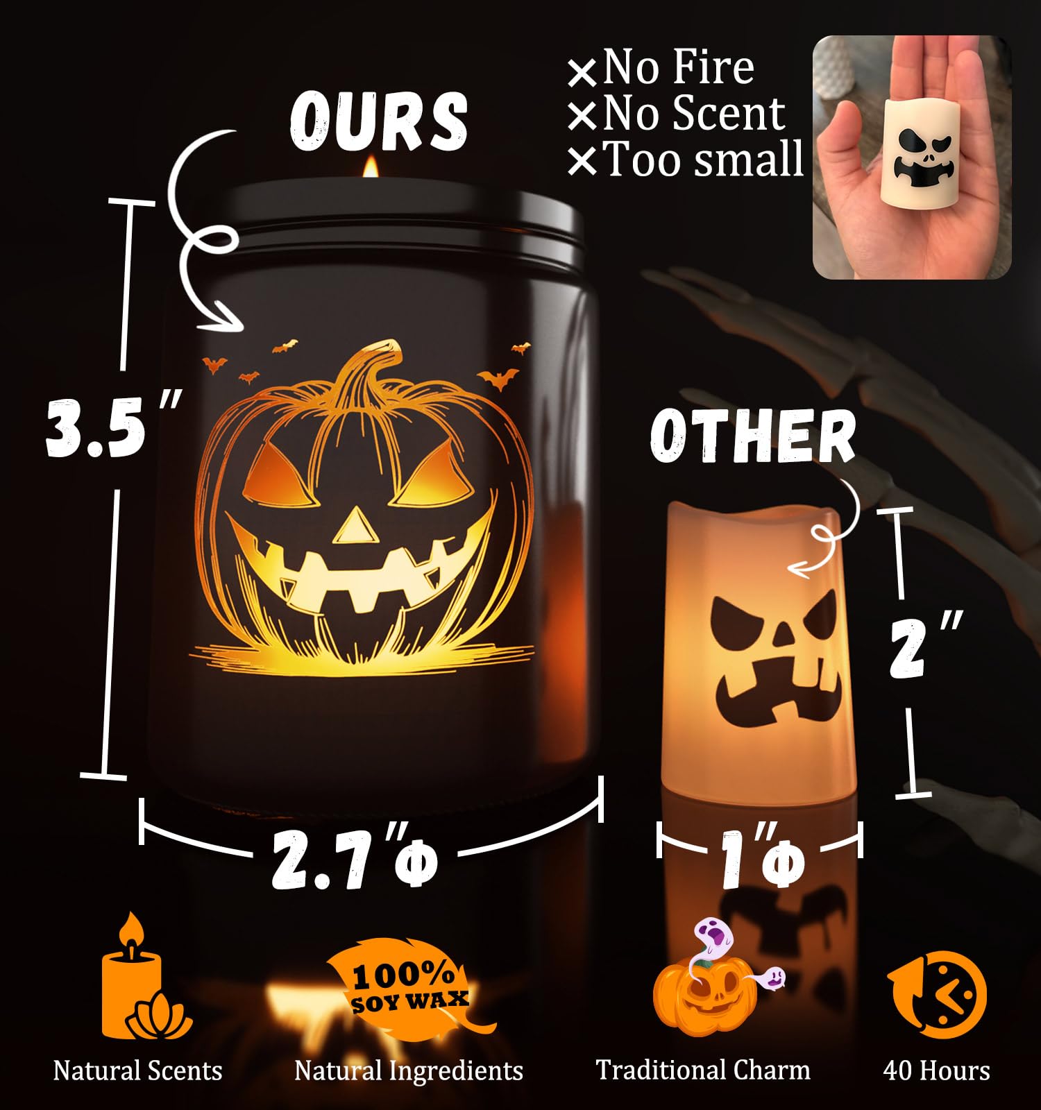 Halloween Candle with LED Pumpkin Face, Halloween Decor Fall Candle with Pumpkin Spice Scent, Pumpkin Candle Over 40 Hours of Burn Time, Gift for Halloween Decorations Indoor, 100% Soy Wax