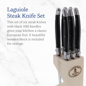 Jean Dubost Laguiole 6-Piece Steak Knife Set, Black Handles - 1.2 mm Blades - Rust-Resistant Stainless Steel - Includes Wooden Block - Made in France