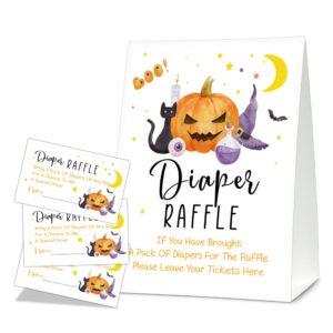 halloween diaper raffle game sign and tickets, happy halloween baby shower invitations game sets decorations celebrated the upcoming baby's arrival, 1 standing card with 50 raffle tickets -a01