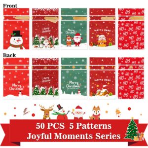 JOINDO 50 pcs Christmas Treat Bags, 6x9 Drawstring Holiday Goodie Bags for Party Favor, Stand up Xmas Candy bags (Joyful Moments Series)