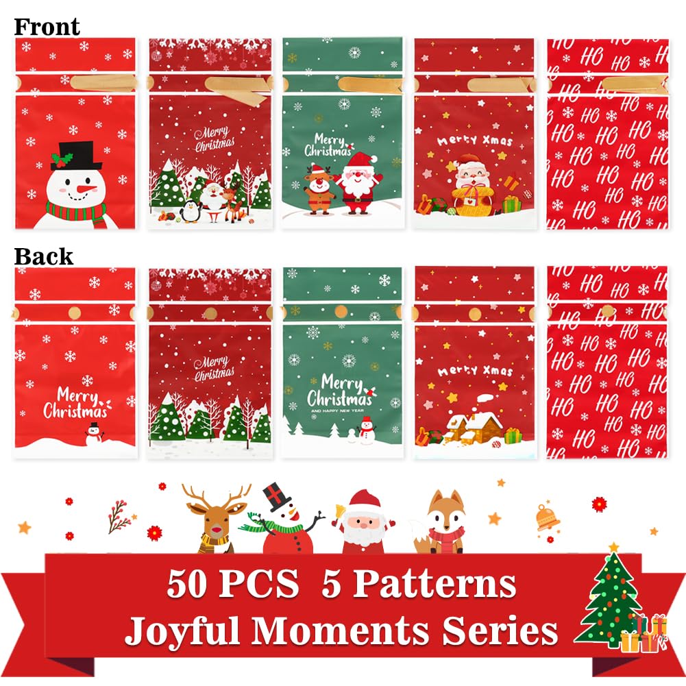 JOINDO 50 pcs Christmas Treat Bags, 6x9 Drawstring Holiday Goodie Bags for Party Favor, Stand up Xmas Candy bags (Joyful Moments Series)