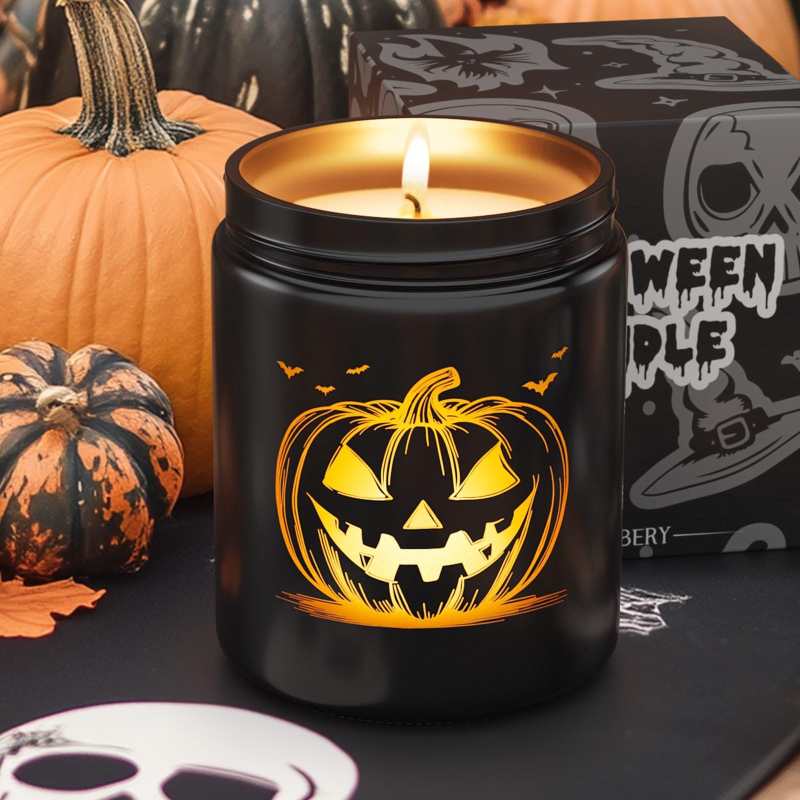 Halloween Candle with LED Pumpkin Face, Halloween Decor Fall Candle with Pumpkin Spice Scent, Pumpkin Candle Over 40 Hours of Burn Time, Gift for Halloween Decorations Indoor, 100% Soy Wax