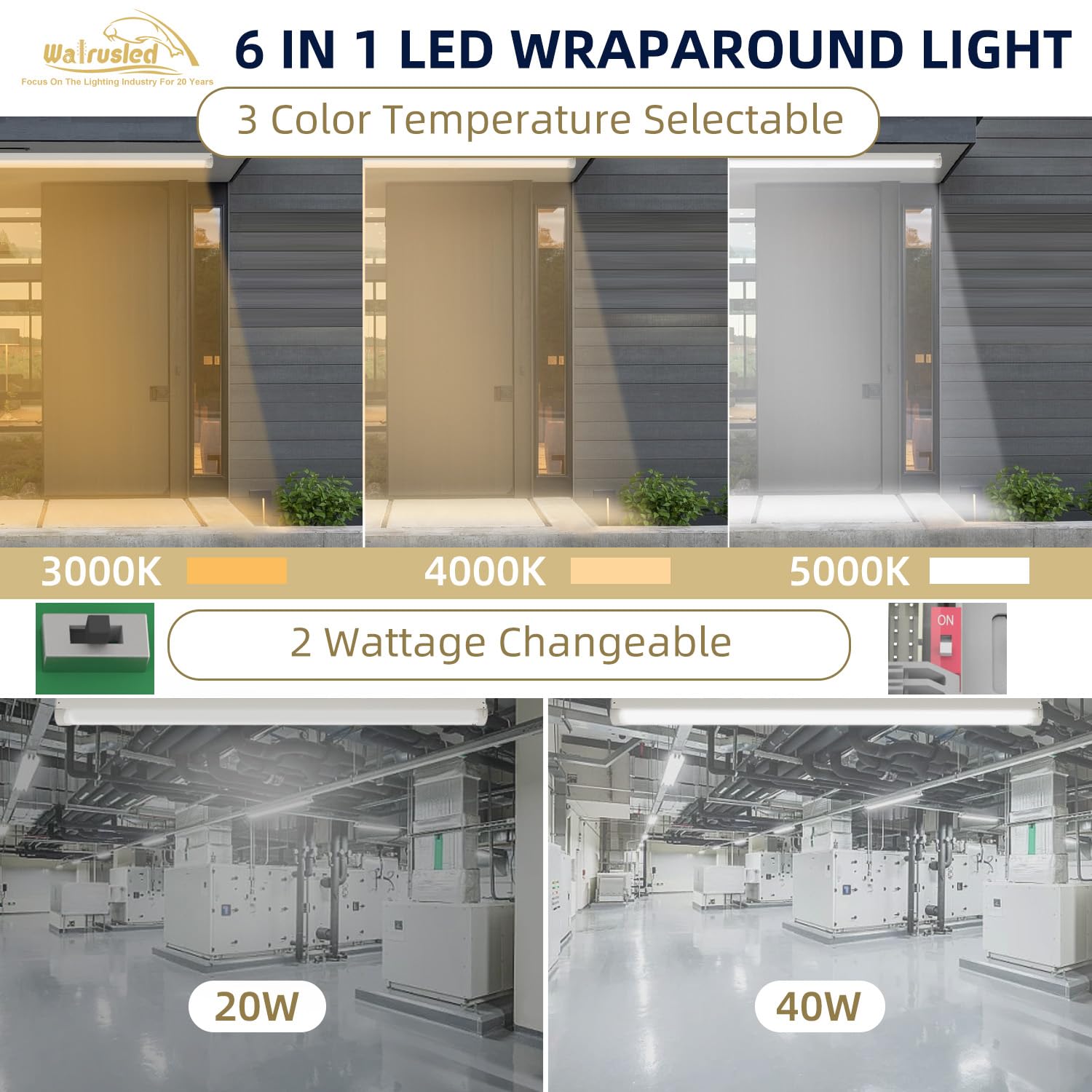 4 Pack 4FT LED Linear Strip Emergency Stairwell Light, 3 CCT Selectable, 20W/40W, 2500lm/5000lm, Battery Backup, 30K/40K/50K, IP20, 0-10V Dimmable 4 Foot Commercial LED Shop Ceiling Light Fixture, FCC