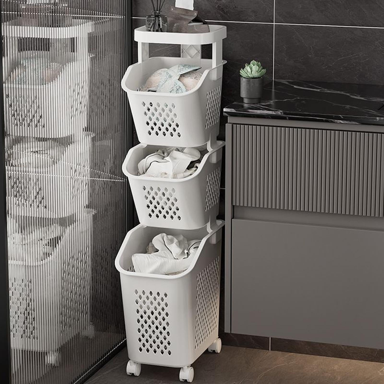 3/4 Tier Laundry Basket - Multi Layer Laundry Hamper | Rolling Laundry Cart With Wheels | 360° Rolling Laundry Basket Bathroom | Laundry Washing Hampers Basket Shelf Cart For Bathroom