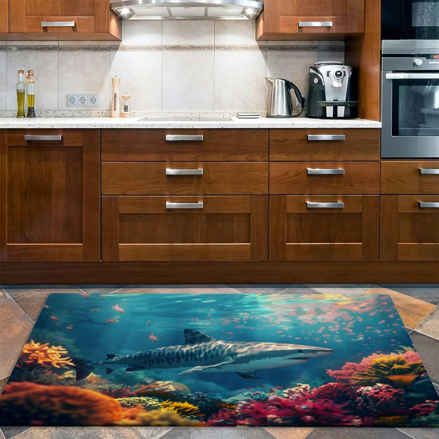 A solitary tiger shark patrolling its territory surrounded by an ether 3x5 Rug Throw Rugs Entryway Indoor Front Door Mat Non Slip Bedside Area Rug For Bedroom Aesthetic Kitchen Carpet Machine Washable