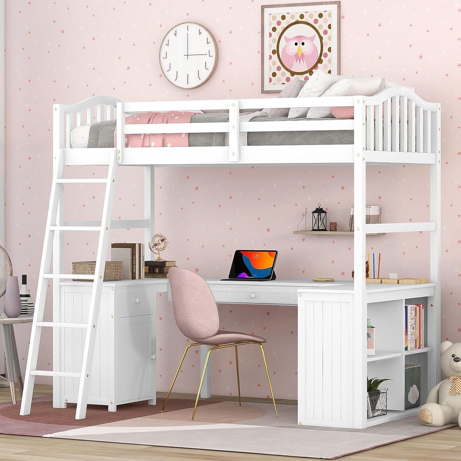 Harper & Bright Designs Twin Size Loft Bed with Desk, Wood Loft Bed Twin with Drawers, Cabinet, Shelves, Kids Loft Twin Bed with Desk and Storage for Girls Boys Teens,No Box Spring Needed,White